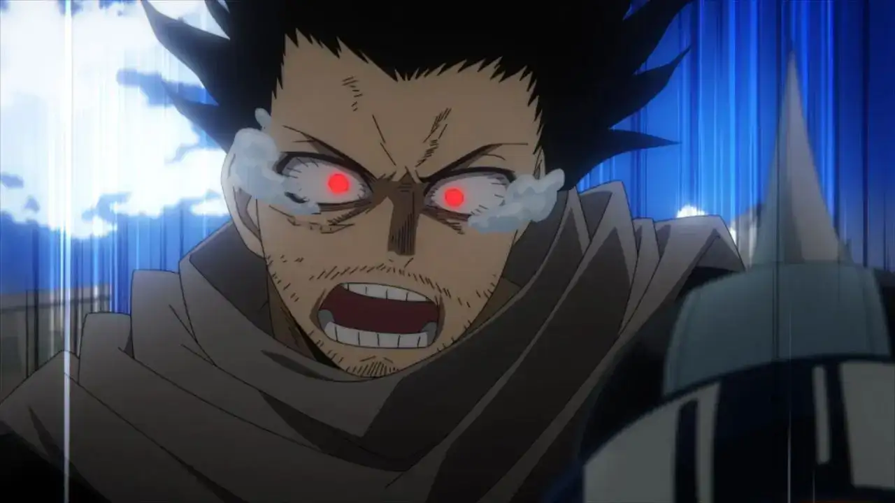 Shota Aizawa using Erasure with glowing eyes, disabling a villain’s Quirk.