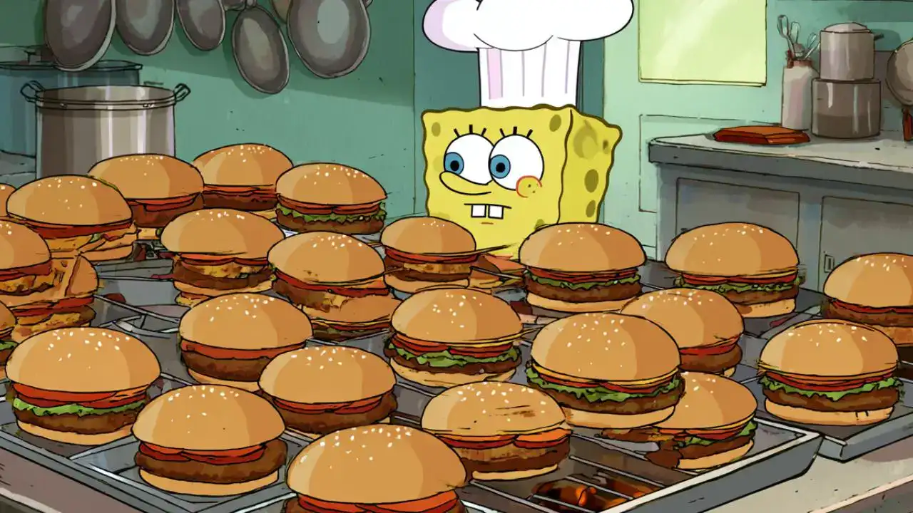 SpongeBob cooking hundreds of Krabby Patties at hyperspeed