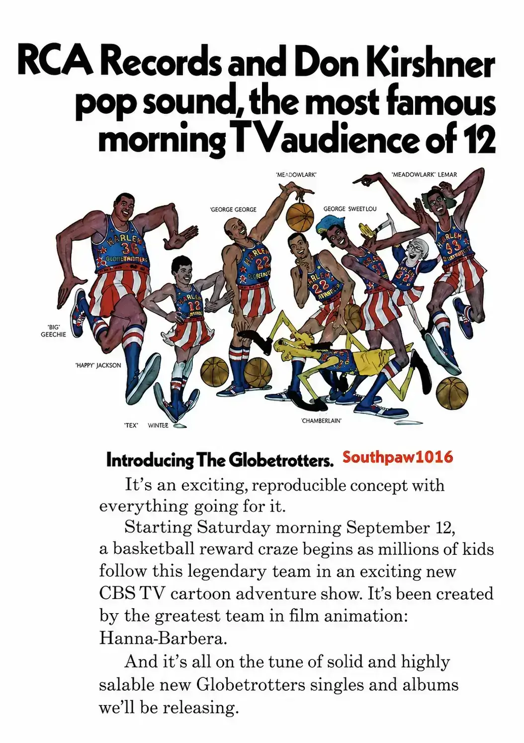 1970 CBS and Kirshner Records trade advertisement for the Harlem Globetrotters cartoon and album