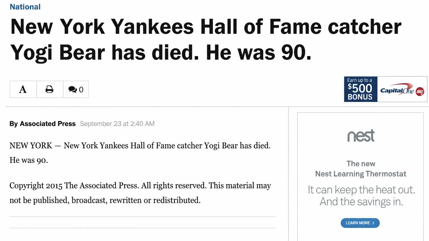 Report showing an Associated Press alert that confused Yogi Berra with Yogi Bear