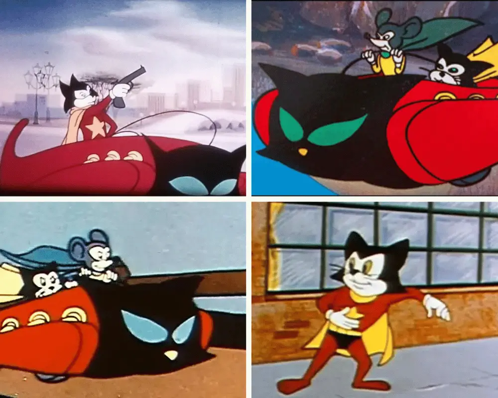 Courageous Cat and Minute Mouse riding in the red Catmobile