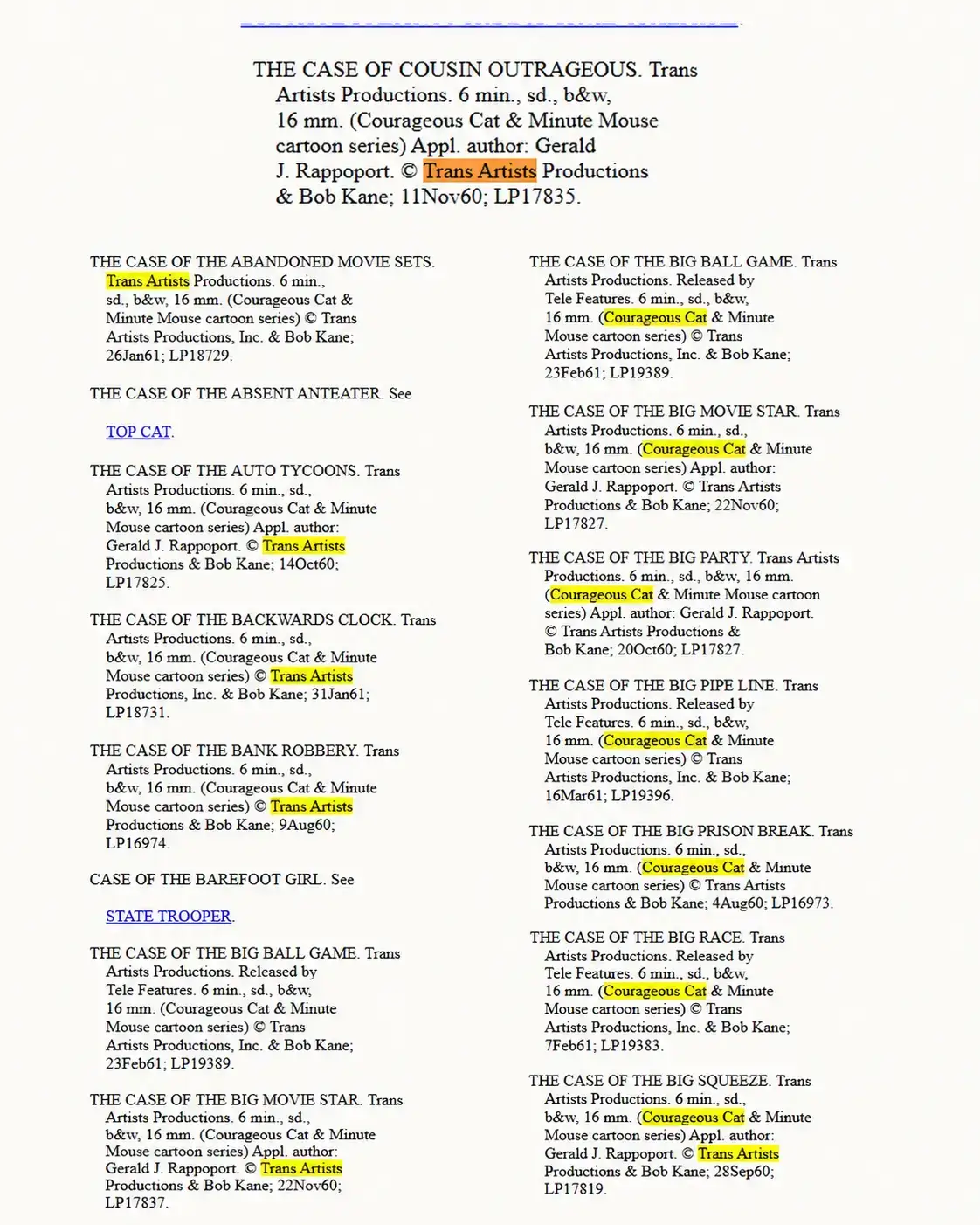 Catalog of Copyright Entries 1961 page showing Courageous Cat episodes registered to Trans Artists Productions Inc and Bob Kane
