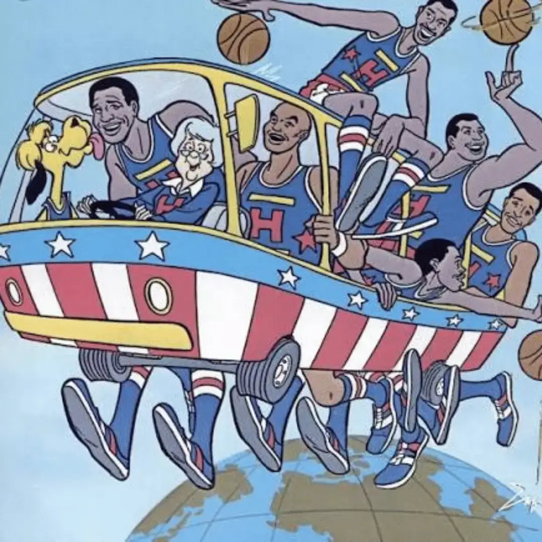 The animated Harlem Globetrotters riding in their team bus