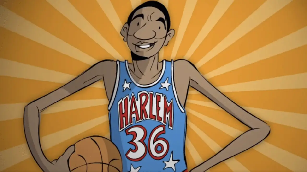 Animated Meadowlark Lemon wearing number 36 in the Harlem Globetrotters cartoon