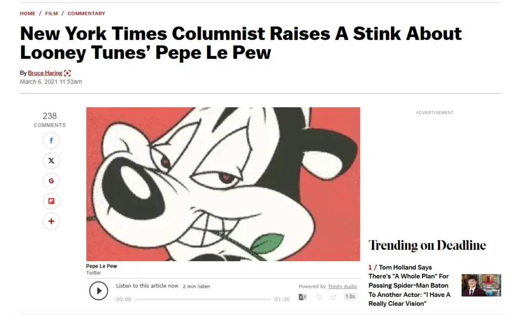 2021 headlines about the Pepe Le Pew controversy