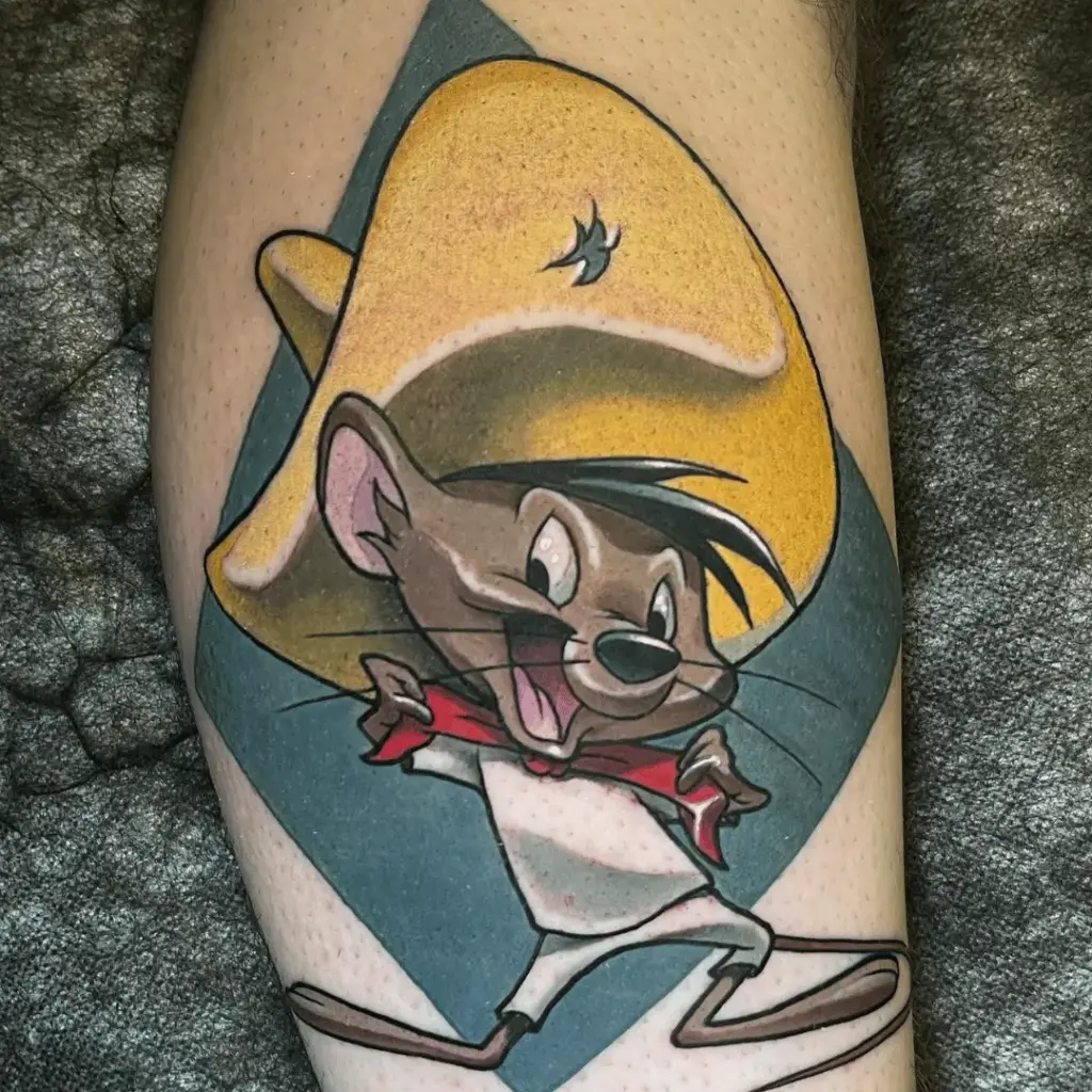 Neo-traditional Speedy Gonzales tattoo with bold outlines and decorative color