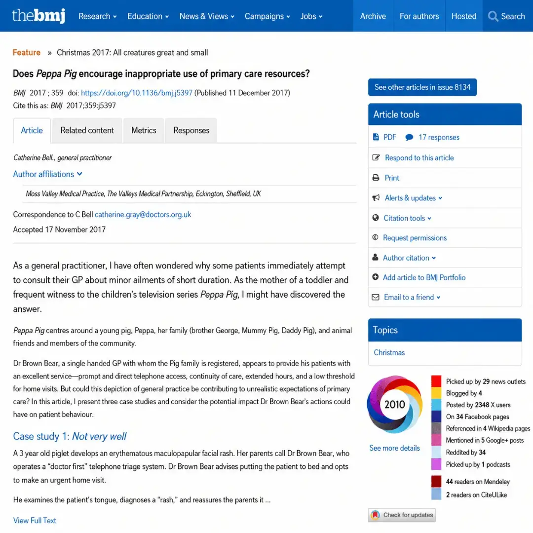 The Peppa Pig study as published in the BMJ Christmas issue