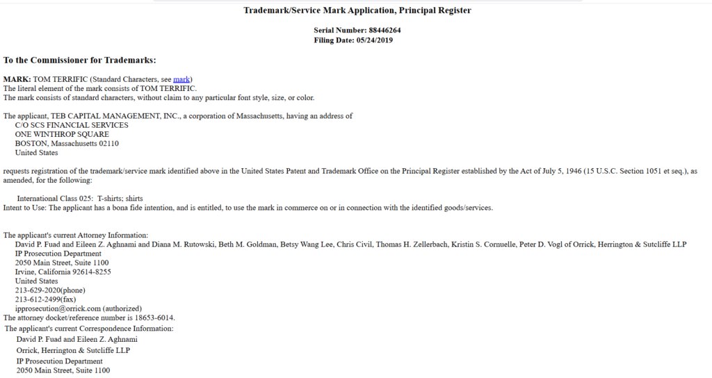 Tom Brady Tom Terrific trademark application with serial number 88446264