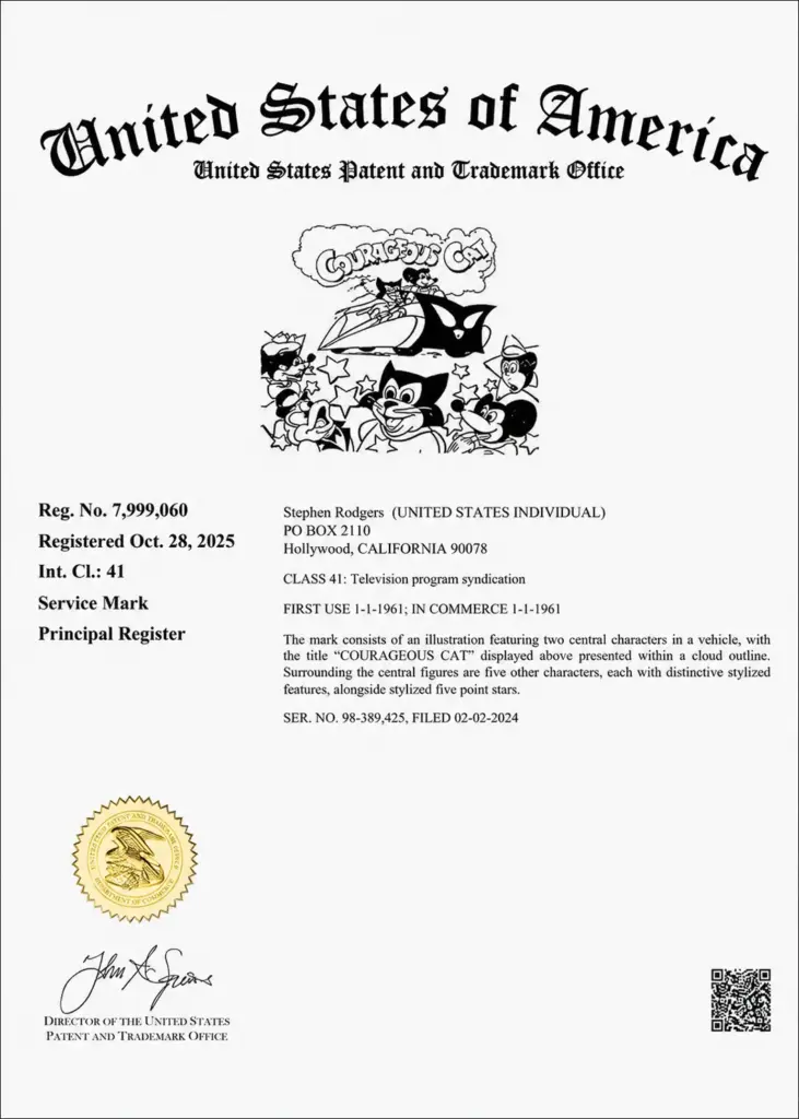USPTO registration certificate for Courageous Cat issued October 2025 showing first use in 1961