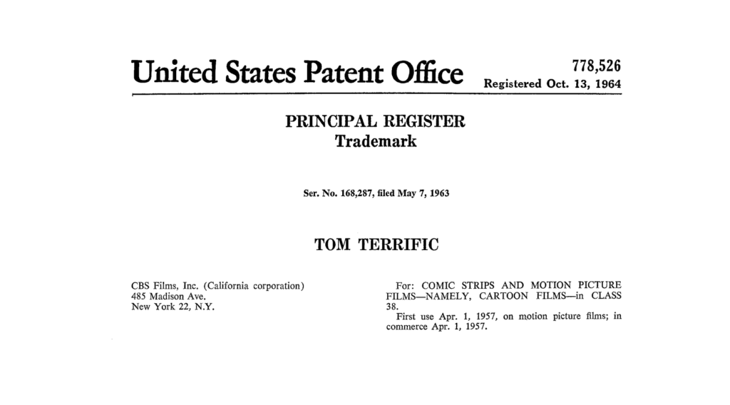 USPTO document related to the 2019 Tom Terrific trademark application