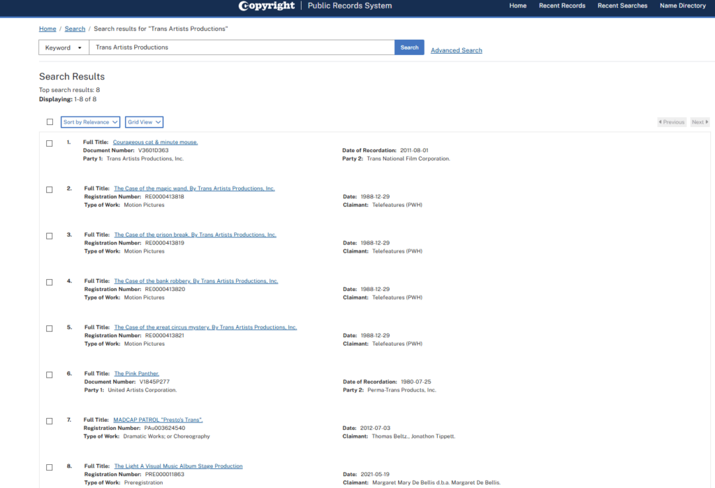United States Copyright Office public records for Trans Artists Productions Inc showing 1988 renewal registrations and a 2011 recordation