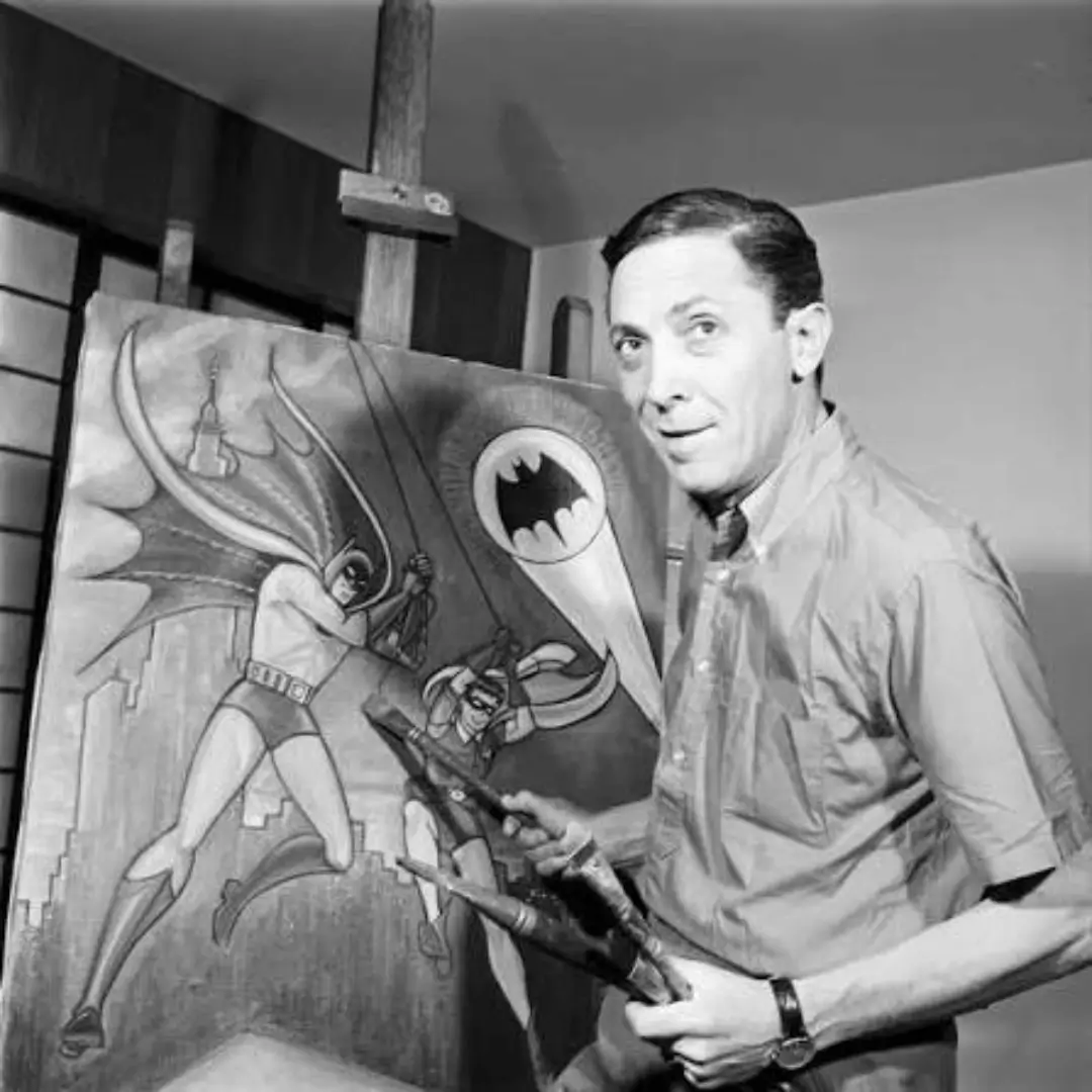 Bob Kane pictured with Courageous Cat artwork