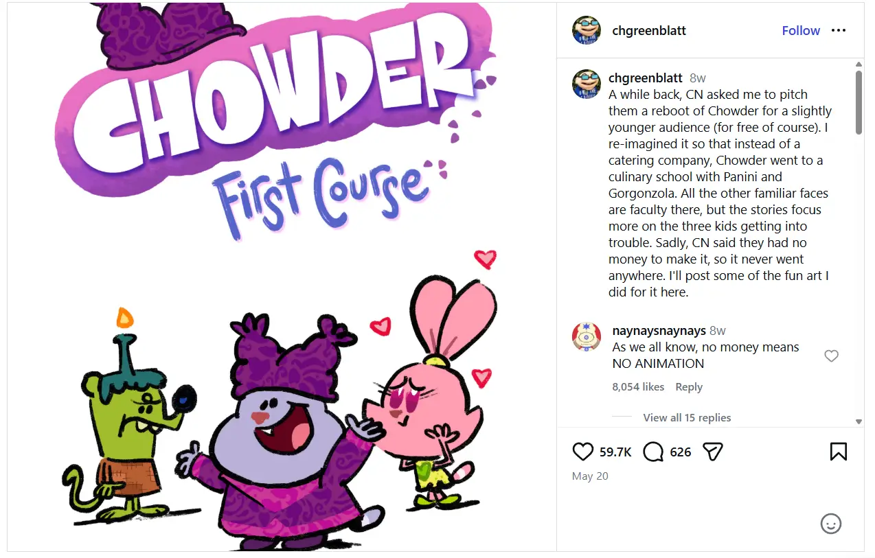 C.H. Greenblatt Instagram post showing Chowder First Course reboot artwork