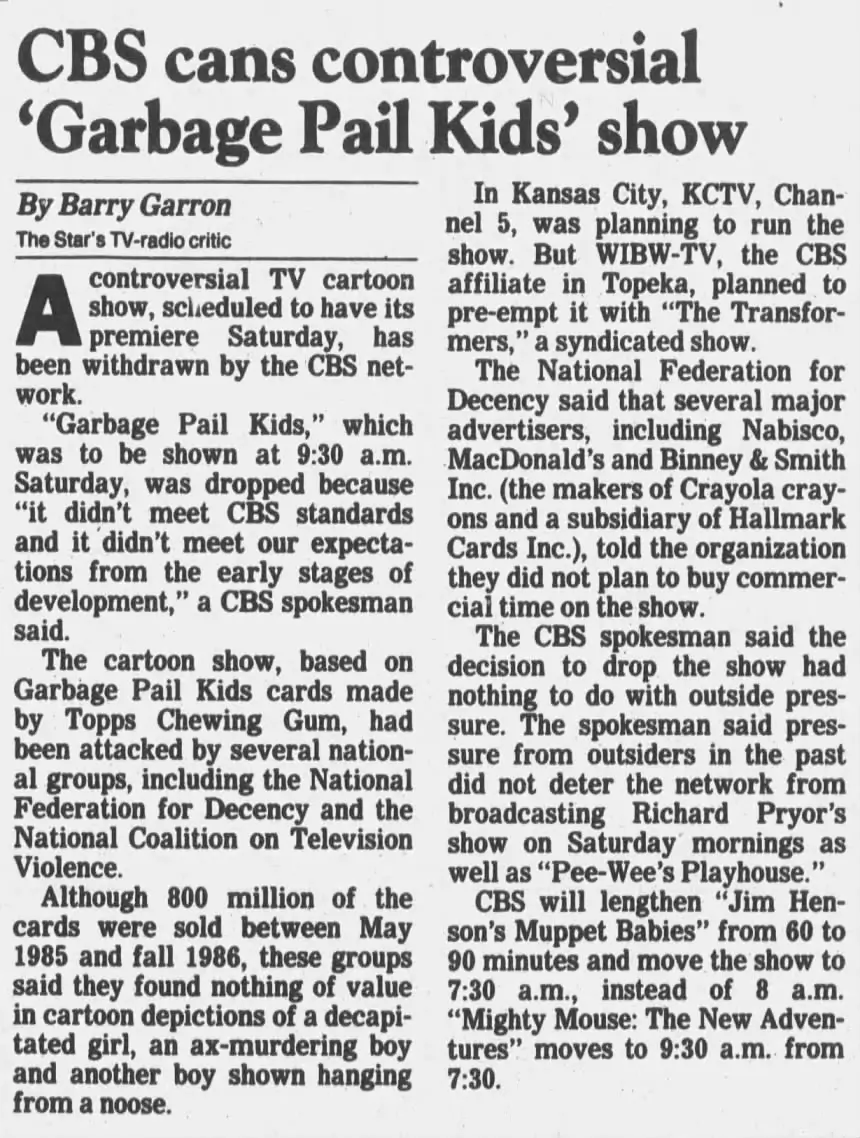 news paper clipping garbage pail kids cbs