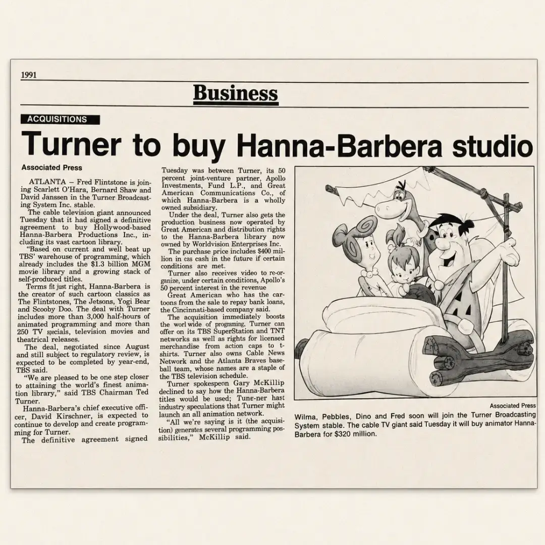 newspaper clipping about Turner Broadcasting purchasing Hanna-Barbera
