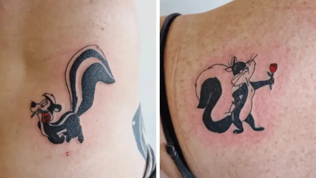 Colorful matching Pepé Le Pew and Penelope tattoos on two people
