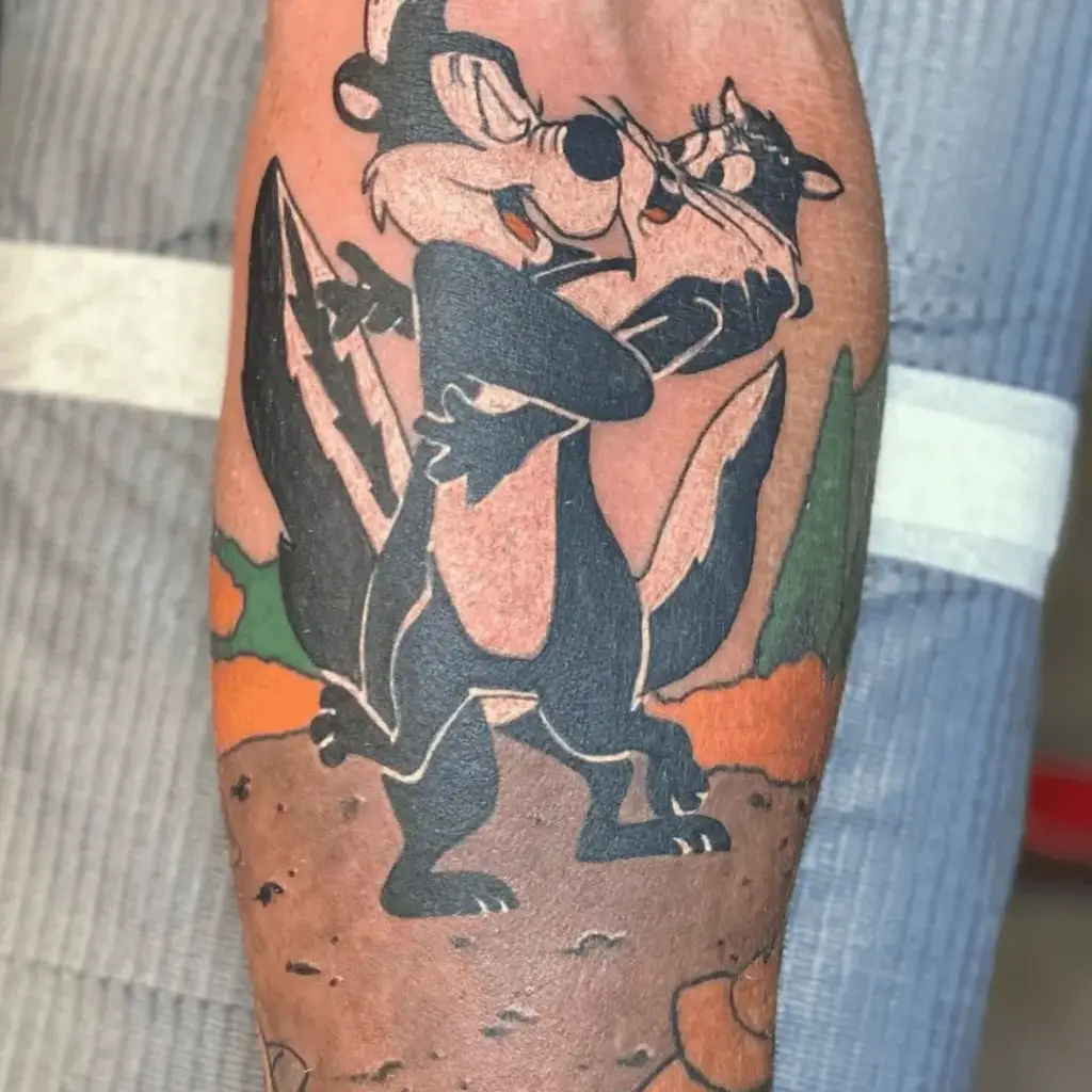 Bright Pepé Le Pew cartoon tattoo on the upper arm