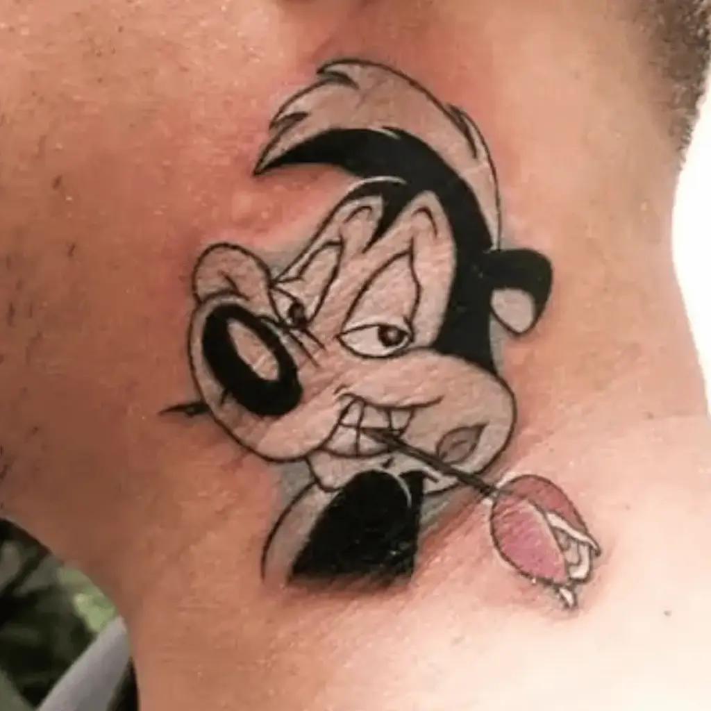 Full-color Pepé Le Pew tattoo placed on the side of the neck