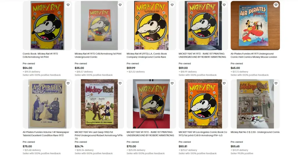 Online marketplace listing for a collectible Mickey Rat underground comic