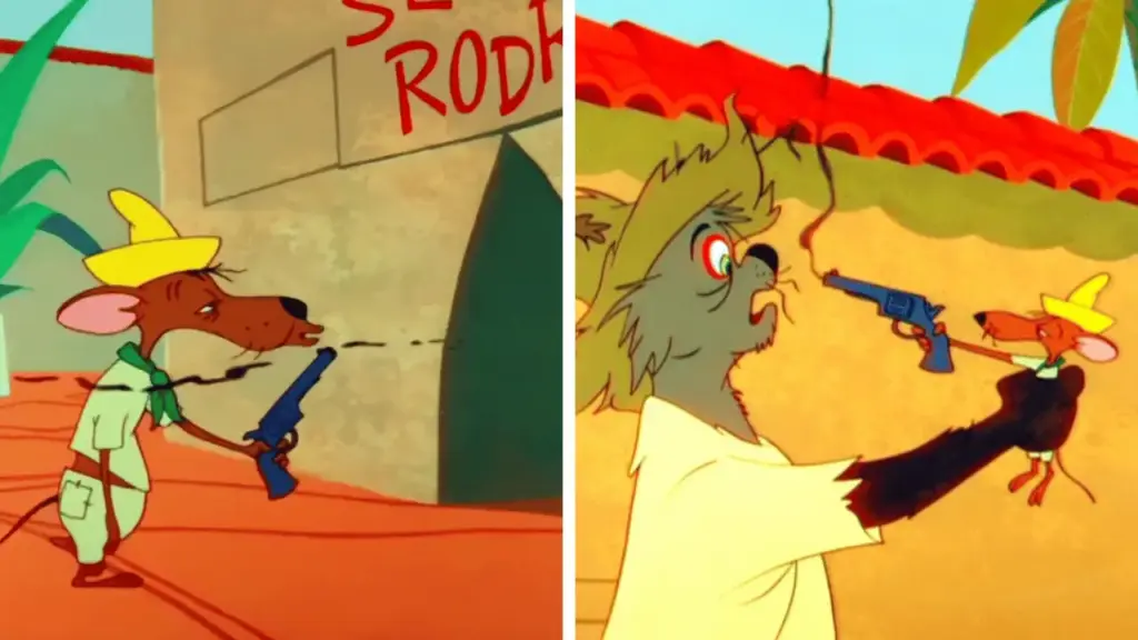 Slowpoke Rodriguez holding his famous gun in Mexicali Shmoes