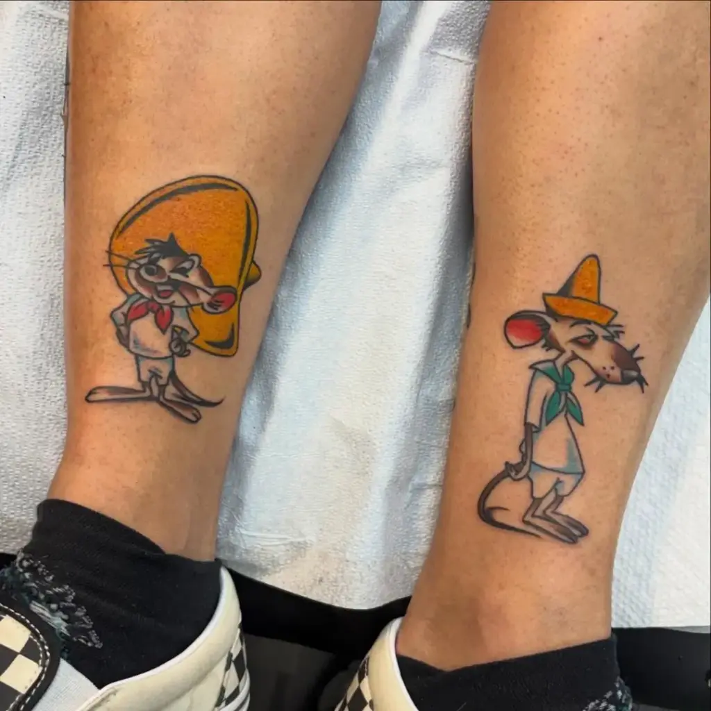 Matching Speedy Gonzales and Slowpoke Rodriguez tattoos on two people