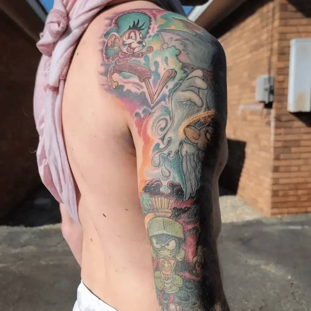 Speedy Gonzales included in a colorful cartoon tattoo sleeve