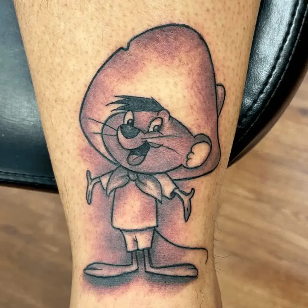 Color Speedy Gonzales character tattoo on the calf
