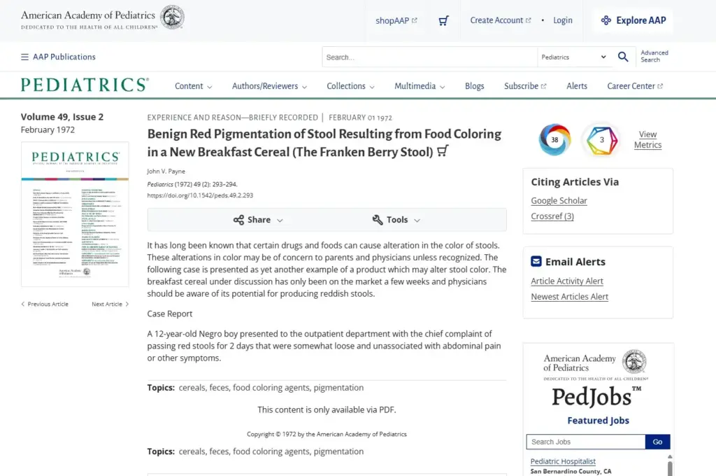 1972 Pediatrics case report titled The Franken Berry Stool
