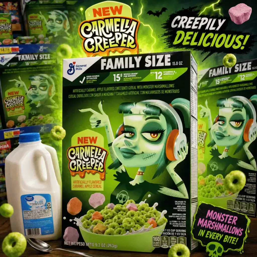 Carmella Creeper caramel-apple Monster Cereal box from 2023