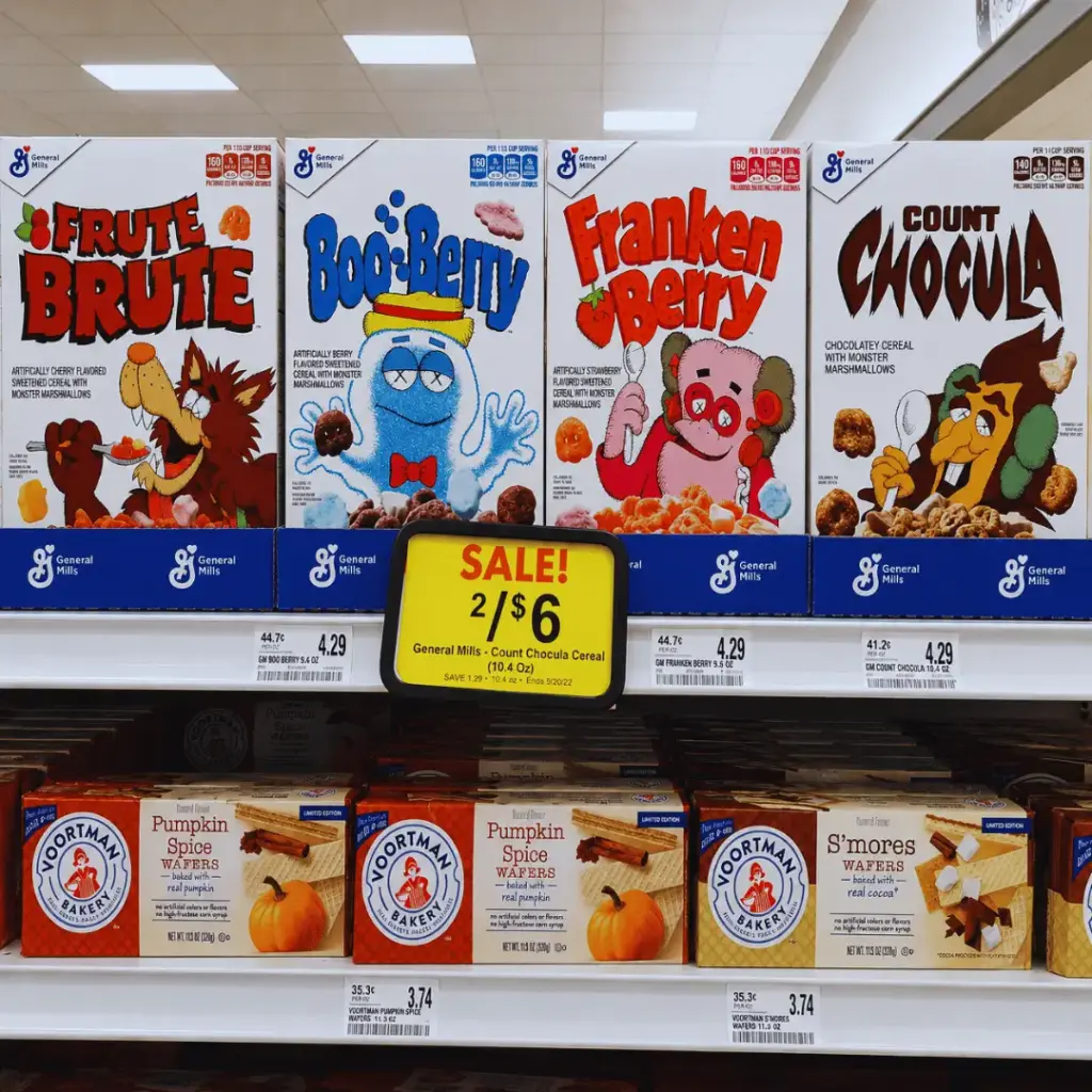 Seasonal Count Chocula, Franken Berry and Boo Berry cereal boxes