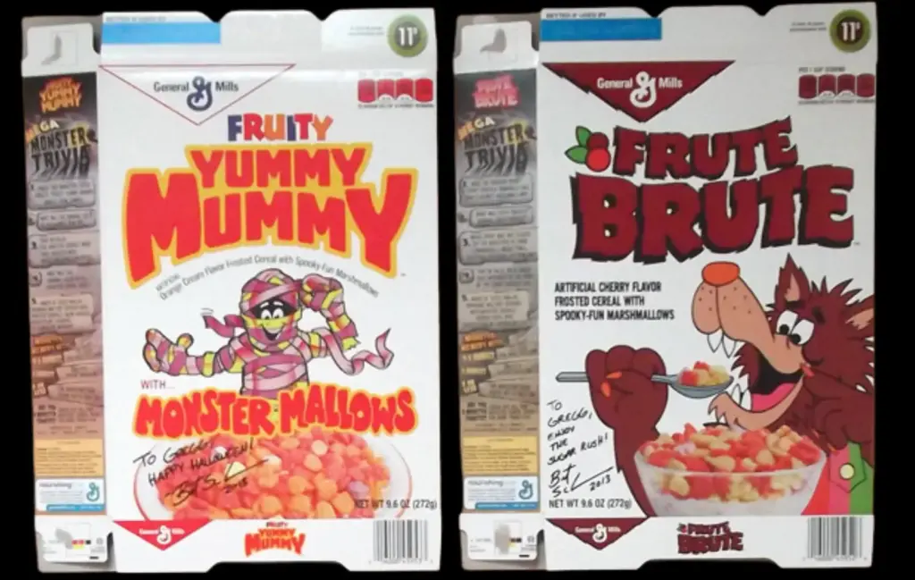 Vintage Frute Brute and Fruity Yummy Mummy cereal box designs