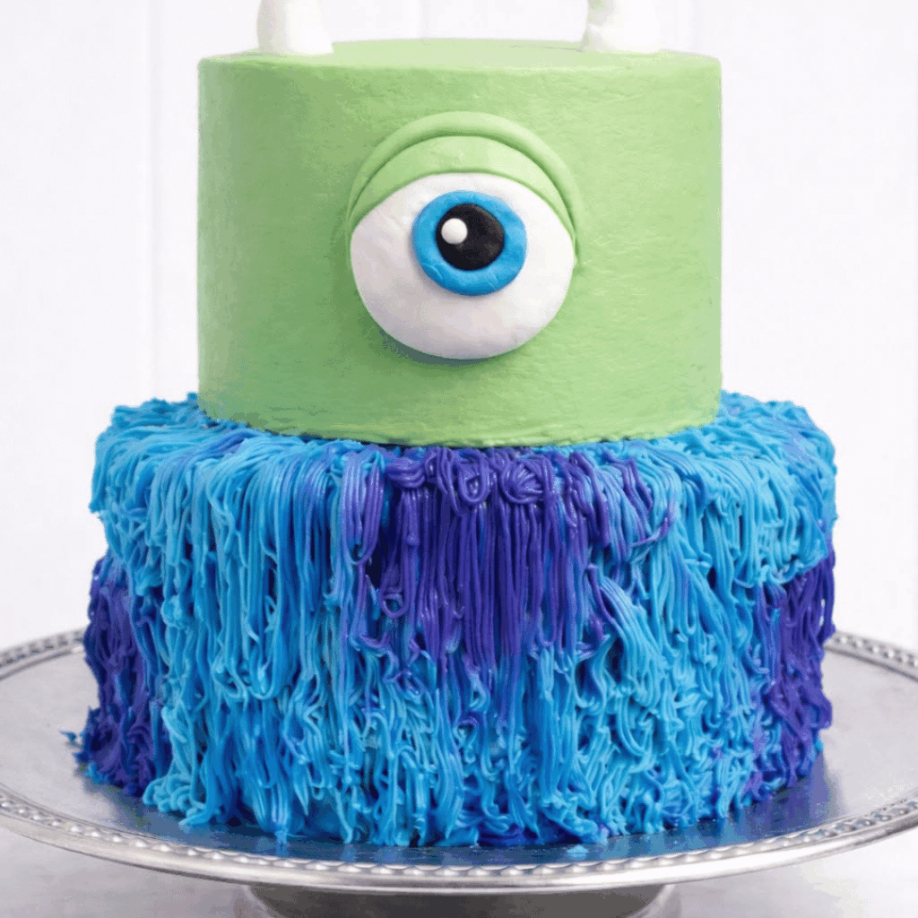 Matching Mike Wazowski and Sulley character cakes in green and blue