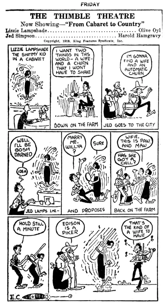First Thimble Theatre comic strip from December 19, 1919 featuring Olive Oyl