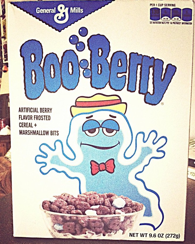 Vintage Boo Berry cereal box featuring the blue ghost mascot