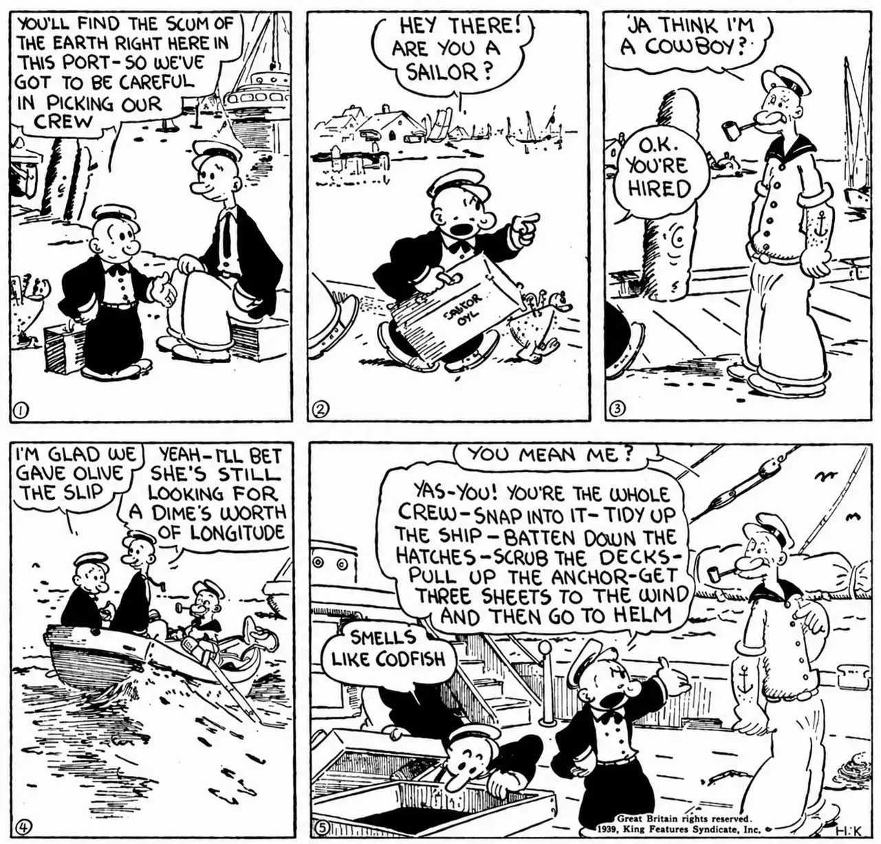 Castor Oyl leading an adventure in the original 1920s Thimble Theatre comic strip