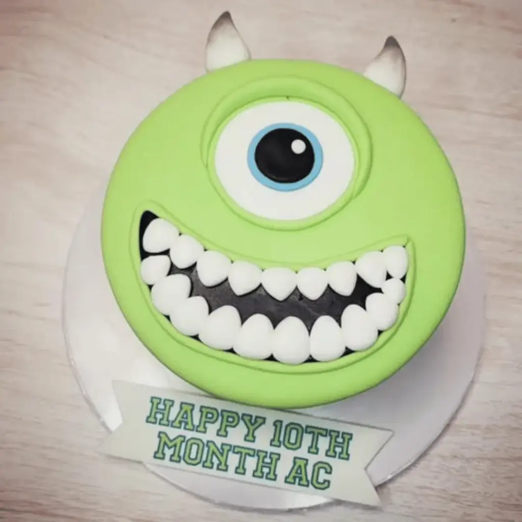 Mini green Mike Wazowski fondant cake with one eye and two horns