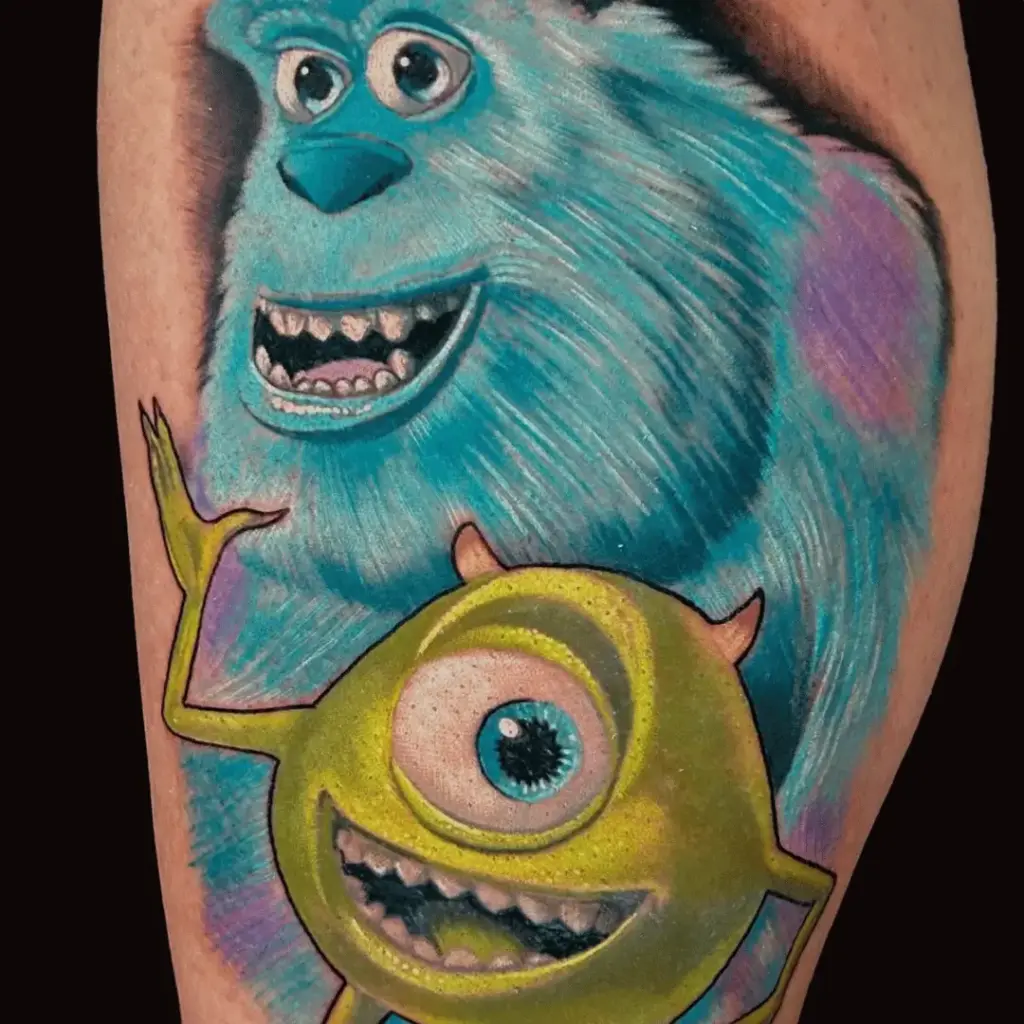 Full-color Mike Wazowski and Sulley tattoo from Monsters Inc