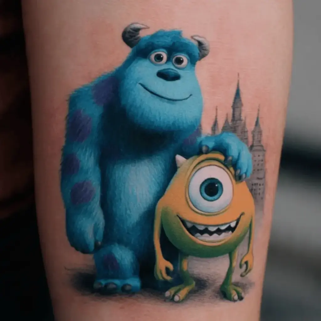 Mike Wazowski and Sulley friendship tattoo in bright Pixar colors