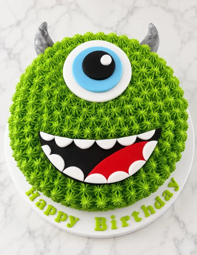 Round green Mike Wazowski birthday cake with one large blue eye