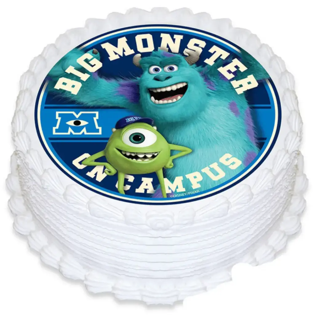 Round Monsters Inc birthday cake with an edible Mike and Sulley image