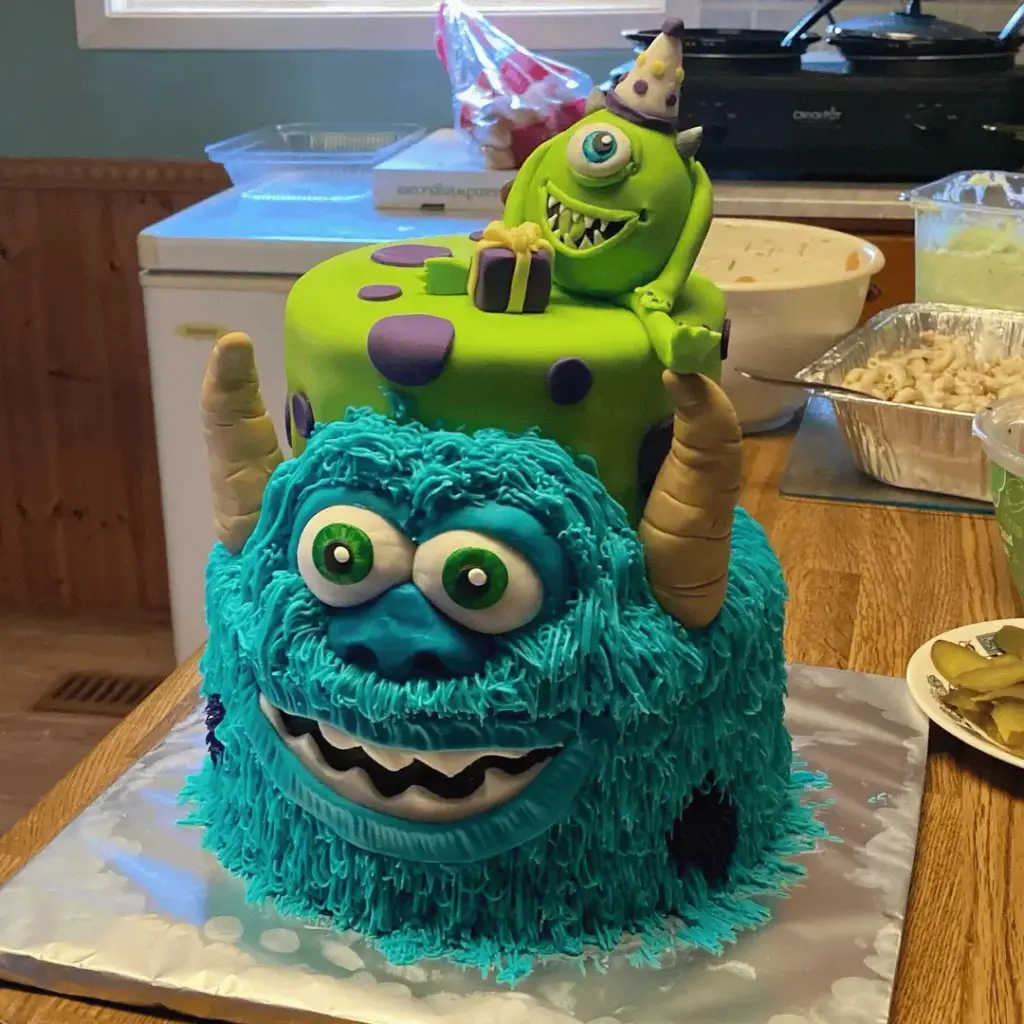 Monsters Inc fondant cake decorated with Mike Wazowski and Sulley details