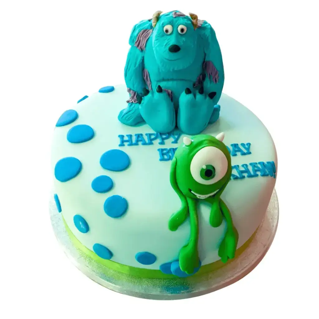 Colorful fondant Monsters Inc birthday cake featuring Mike Wazowski