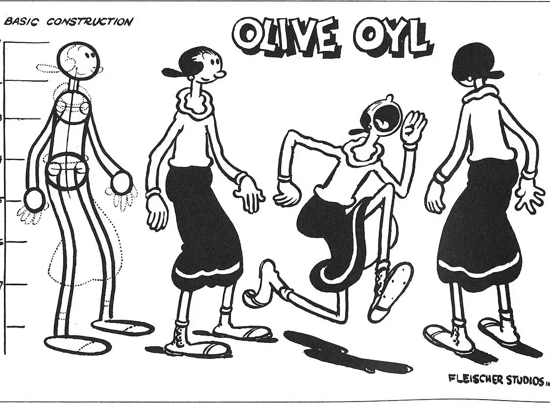 Olive Oyl in a black-and-white 1930s Fleischer Studios Popeye cartoon