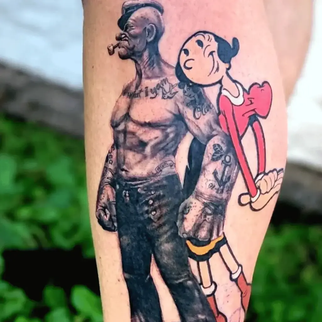 Full-color Olive Oyl tattoo in a classic cartoon pose