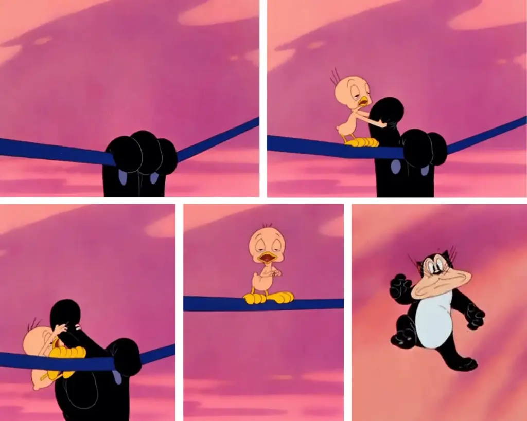 Pink Tweety playing This Little Piggy on Catstello's toes in A Tale of Two Kitties
