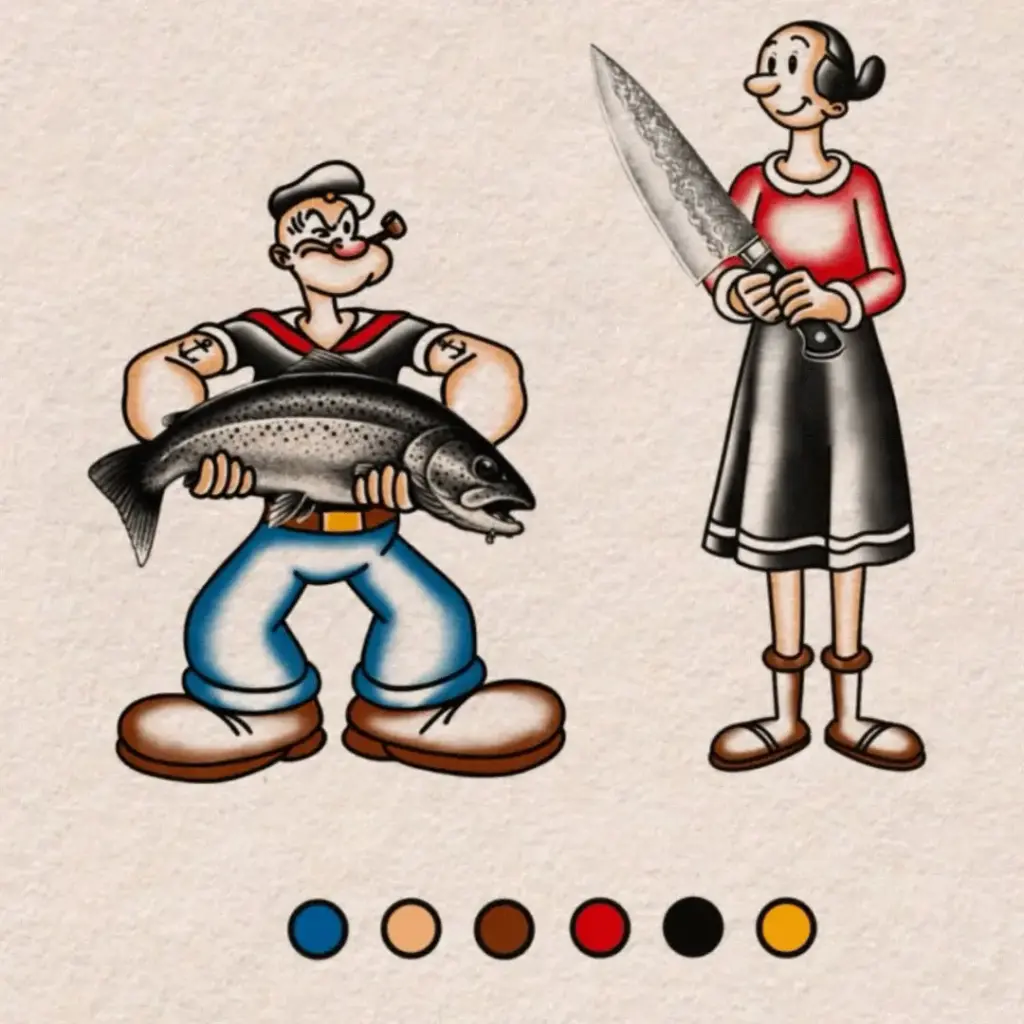 American traditional Popeye and Olive Oyl sailor tattoo design