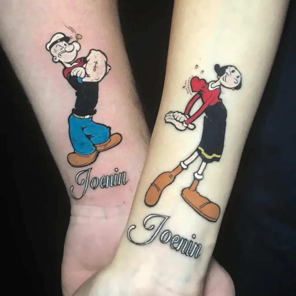 Colorful Popeye and Olive Oyl matching couple tattoos