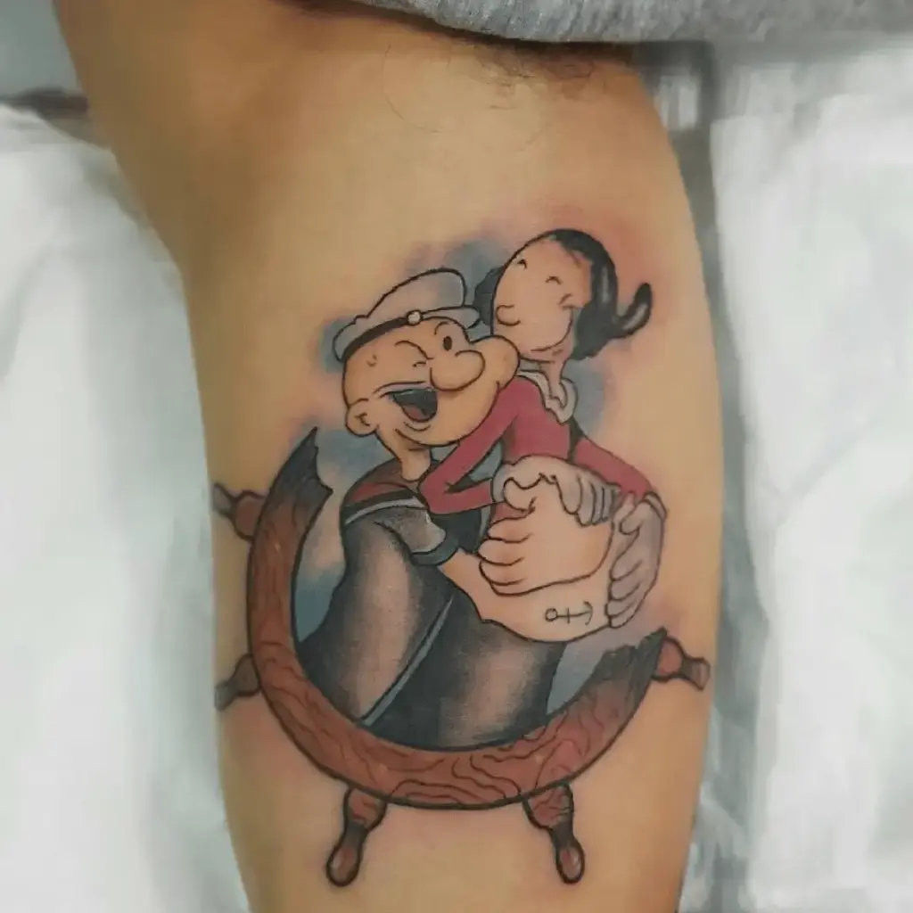 Popeye and Olive Oyl tattoo design in a classic cartoon style