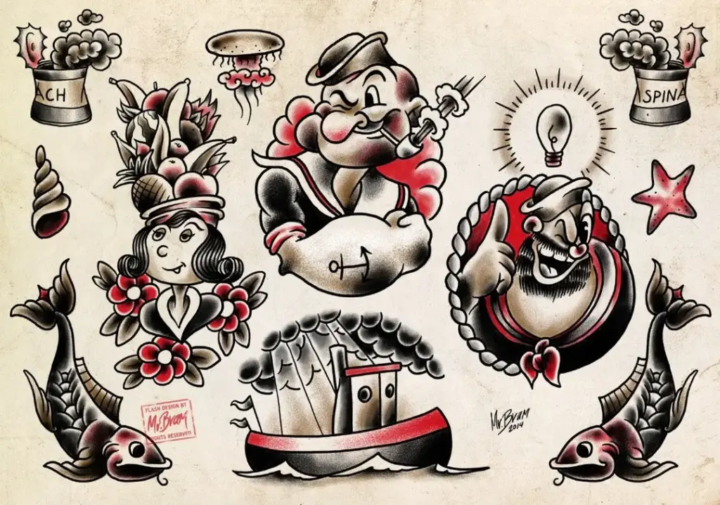 American traditional Popeye sailor tattoo with bold outlines