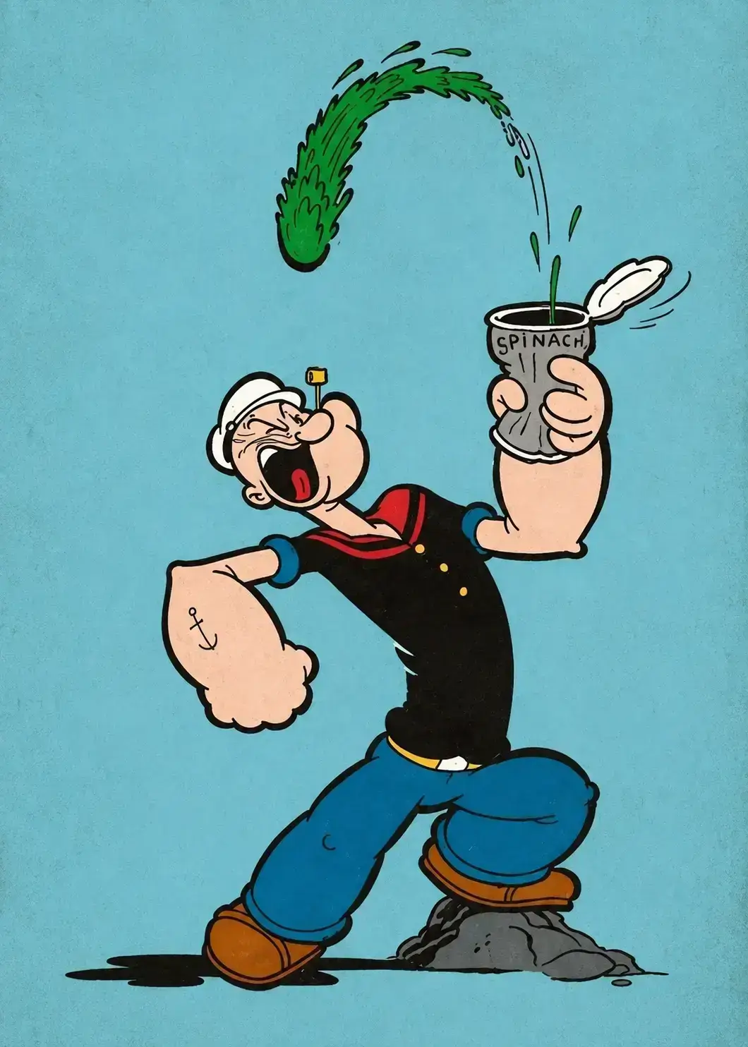 Popeye gaining strength after eating canned spinach in a classic animated cartoon